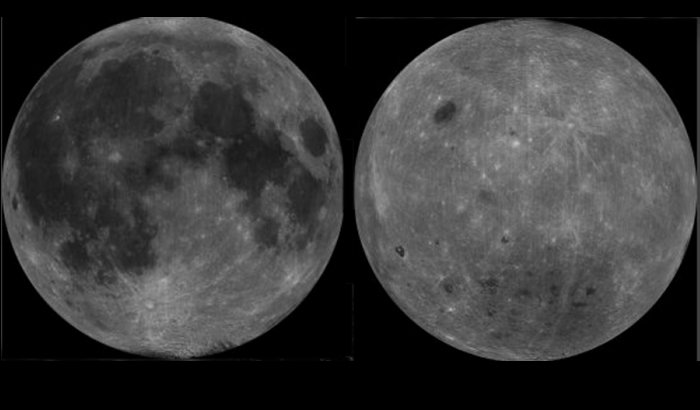 The lunar nearside (left) is a contrast between dark (craters) and light (mountains) surfaces that has been fancied as the Man in the Moon. Lunar terrain types are still designated by their 17th century name maria and terra (brighter features also known as uplands or highlands; right).