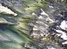 Recurring slope lineae emanating from bedrock exposures at Palikir crater on Mars during southern summer. Image credit: NASA/ Lujendra Ojha et al