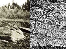 Left: 1893 Photograph of Dighton Rock; Right: Dighton Rock Symbols