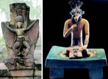 LEFT: Sukuh temple bird-human statue - RIGHT: Mayan Bird Man.