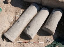 Three granite column fragments uncovered on the eastern side of the theatre.