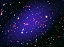 The galaxy cluster called MOO J1142+1527 can be seen here as it existed when light left it 8.5 billion years ago. The red galaxies at the center of the image make up the heart of the galaxy cluster. Credits: NASA/JPL-Caltech/Gemini/CARMA