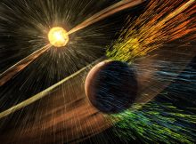 Artist’s rendering of a solar storm hitting Mars and stripping ions from the planet's upper atmosphere. Credits: NASA/GSFC