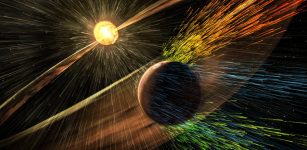 Artist’s rendering of a solar storm hitting Mars and stripping ions from the planet's upper atmosphere. Credits: NASA/GSFC