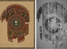 Left: Herbert J. Gute, “Wooden Shield with Scenes from the Trojan War,” 1935 or 1936. Watercolor on paper. Commissioned by Yale University. (Yale University Art Gallery); Right: An infrared reflectogram of the shield allows visualization of the carbon-based pigment or ink used for drawing. (Yale University Art Gallery)