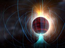 Artist impression of red dwarf star TVLM 513-46546. ALMA observations suggest that it has an amazingly powerful magnetic field, potentially associated with a flurry of solar-flare-like eruptions. Credit: NRAO/AUI/NSF; Dana Berry / SkyWorks