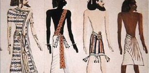 Four peoples of the world: a Libyan, a Nubian, an Asiatic, and an Egyptian. An artistic rendering by Heinrich von Minutoli (1820), based on a mural from the tomb of Seti I