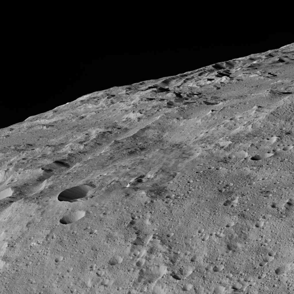 This image of Ceres was taken in Dawn's low-altitude mapping orbit around a crater chain called Gerber Catena. A 3-D view is also available. Credit: NASA/JPL-Caltech/UCLA/MPS/DLR/IDA