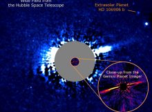 Two direct images of the cometary dust and exoplanet surrounding the young star HD 106906. The wider field in blue shows Hubble Space Telescope data where the star’s blinding light is artificially eclipsed (gray circular mask). The point to the upper right is an 11 Jupiter mass planet located over 650 times the Earth-Sun distance. A new discovery in these Hubble observations is an extremely asymmetric nebulosity indicating a dynamically disturbed system of comets. Surprisingly, the planet is located 21 degrees above the plane of the nebulosity. The circular orange inset shows a region much closer to the star that can only be detected using advanced adaptive optics from the ground-based Gemini Observatory. Using the Gemini Planet Imager (GPI), researchers found a narrow loop of nebulosity suggesting that a planetary system formed close to the star, but somehow the architecture of the outer regions is severely disrupted. The investigators also find that the planet HD 106906b may have a dusty ring system of its own, motivating future work with Hubble and ground-based astronomical observatories. Credit: Paul Kalas, UC Berkeley