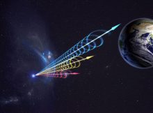 Artist impression of a Fast Radio Burst (FRB) reaching Earth. The colors represent the burst arriving at different radio wavelengths, with long wavelengths (red) arriving several seconds after short wavelengths (blue). This delay is called dispersion and occurs when radio waves travel through cosmic plasma. Credit: Jingchuan Yu, Beijing Planetarium