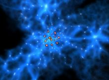 A visualization of the proto-Great Wall and monstrous galaxies. Monstrous galaxies are thought to preferentially be born at the centers of the web like structures formed by young galaxies. Credit: ALMA (ESO/NAOJ/NRAO)