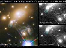 The image on the top right shows observations by Hubble from October 30, 2015, taken at the beginning of the observation program to detect the newest appearance of the supernova.The image on the lower right shows the discovery of the Refsdal supernova on December 11, 2015, as predicted by several different models. Credits: NASA/Hubble