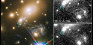 The image on the top right shows observations by Hubble from October 30, 2015, taken at the beginning of the observation program to detect the newest appearance of the supernova.The image on the lower right shows the discovery of the Refsdal supernova on December 11, 2015, as predicted by several different models. Credits: NASA/Hubble