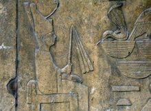 Detail of a relief showing pharaoh Sneferu wearing the white robe of the Sed-festival, from his funerary temple of Dahshur and now on display at the Egyptian Museum.