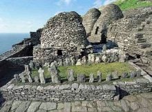 Skellig Michael - Monks' graveyard. The graveyard is located to the east of the Large Oratory . The series of crosses set into the west side are in their original locations. These crosses are roughly shaped and some have plain incised decoration.