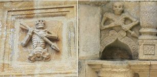 Left:Ankou, depicted on a carving at the ossuary of the chapel of St Joseph at Ploudiry, Brittany; Right: La Roche-Maurice Parish, Brest in Brittany, in north-western France. Photo credits: Wikipedia