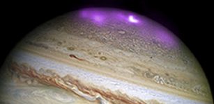 Jupiter's X-ray emission is shown in magenta and white, for the brightest spot, overlaid on a Hubble Space Telescope optical image. X-RAY: NASA/CXC/UCL/W.DUNN ET AL, OPTICAL: NASA/STSCI