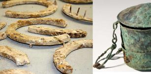 Left: World War One horseshoes © Crown Copyright / MOD2016; Right: This workbox was found in the grave of a woman on Ministry of Defence land in Bulford © Wessex Archaeology