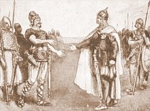 Edmund II Ironside and Canute the Great after Battle of Assandun.