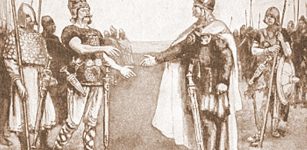 Edmund II Ironside and Canute the Great after Battle of Assandun.