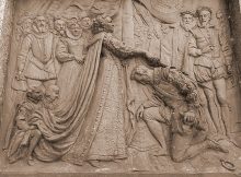 Drake receives knighthood from Queen Elizabeth. Bronze plaque by Joseph Boehm, 1883, base of Drake statue, Tavistock. Credits: Wikipedia