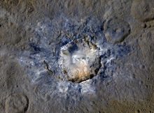 Ceres' Haulani Crater, with a diameter of 21 miles (34 kilometers), shows evidence of landslides from its crater rim. Smooth material and a central ridge stand out on its floor. This image was made using data from NASA's Dawn spacecraft when it was in its high-altitude mapping orbit, at a distance of 915 miles (1,470 kilometers) from Ceres. Credits: NASA