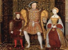 Jane Seymour (left) became Henry's third wife, pictured right with Henry and the young Prince Edward, c. 1545, by an unknown artist. At the time that this was painted, Henry was married to his sixth wife, Catherine Parr. Source: Campbell, Thomas P. Henry VIII and the Art of Majesty via wikipedia