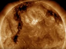 Elongated coronal hole on the surface of the Sun as seen in video. Credits NASA/SDO