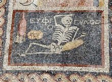 The mosaic, which was called the “skeleton mosaic,” belonged to the dining room of a house from the 3rd century B.C., as new findings have been unearthed in the ancient city of Antiocheia. CRedits: AA Photo