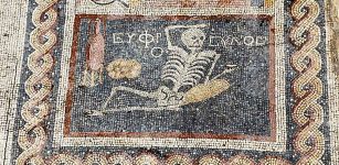 The mosaic, which was called the “skeleton mosaic,” belonged to the dining room of a house from the 3rd century B.C., as new findings have been unearthed in the ancient city of Antiocheia. CRedits: AA Photo