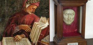 Left: Dante Alighieri, detail from Luca Signorelli's fresco, Chapel of San Brizio, Orvieto Cathedral; Right: A recreated death mask of Dante Alighieri in Palazzo Vecchio, Florence