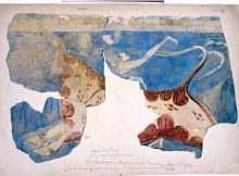 A painting of a mural unearthed at the remains of the Tiryns palace is used as the front cover of Heinrich Schliemann’s report released in 1885. (Provided by the Tenri University Sankokan Museum)