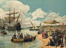 Vasco da Gama ships arrive in Calicut in 1498, by Alfredo Roque