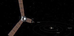 Artist's concept of NASA's Juno spacecraft crossing the orbits of Jupiter's four largest moons -- Callisto, Gaynmede, Europa and Io -- on its approach to Jupiter. Credits: NASA/JPL-Caltech