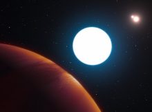 This artist's impression shows a view of the triple-star system HD 131399 from close to the giant planet orbiting in the system. The planet is known as HD 131399Ab and appears at the lower-left of the picture. Credits: image courtesy European Southern Observatory/L. Calçada