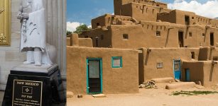 Left: Statue of Popé, or Po'Pay, now in the National Statuary Hall Collection in the US Capitol Building as one of New Mexico's two statues; Right: Taos Pueblo served as a base for Popé during the revolt. Image via wikipedia