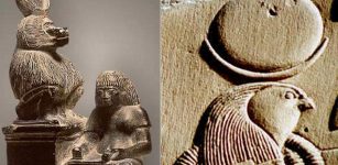 Left: A scribe writes at the feet of Thoth as a baboon with lunar disk and crescent moon. Image via touregypt.net; Right: God Khonsu the Egyptian lunar god of fertility. His headdress consists of a crescent moon, topped by a full moon.