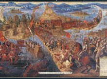 The 1521 Fall of Tenochtitlan, in the Spanish conquest of the Aztec Empire. Image via wikipedia