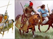 Left: Parthian Cataphracts (Fully Armoured Parthian Cavalry); Right from Left: East Parthian Cataphract (heavy cavalry with man and horse decked in mailed armor.); Middle: Parthian Horse-Archer; Right: Parthian Cataphract from Hatra. Image credit: www.iranchamber.com