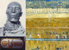 Upper left: Seti I's mummy was found in Deir el Bahari cache. Below: His cartouche and to the right: KV17: Seti I's tomb