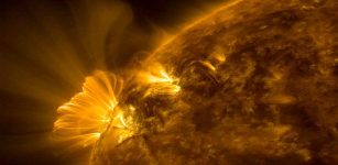 An active region that had just rotated into view blasted out a coronal mass ejection, which was immediately followed by a bright series of post-coronal loops seeking to reorganize that region's magnetic field (April 19, 2017). We have observed this phenomenon numerous times, but this one was one of the longest and clearest sequences we have seen in years. The bright loops are actually charged particles spinning along the magnetic field lines. The action was captured in a combination of two wavelengths of extreme ultraviolet light over a period of about 20 hours. Credit: Solar Dynamics Observatory, NASA.