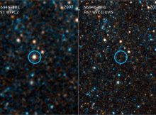 This pair of visible-light and near-infrared Hubble Space Telescope photos shows the giant star N6946-BH1 before and after it vanished out of sight by imploding to form a black hole. The left image shows the 25 solar mass star as it looked in 2007. In 2009, the star shot up in brightness to become over 1 million times more luminous than our sun for several months. But then it seemed to vanish, as seen in the right panel image from 2015. A small amount of infrared light has been detected from where the star used to be. This radiation probably comes from debris falling onto a black hole. The black hole is located 22 million light-years away in the spiral galaxy NGC 6946. Credits: NASA, ESA, and C. Kochanek (OSU)