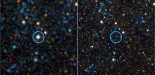 This pair of visible-light and near-infrared Hubble Space Telescope photos shows the giant star N6946-BH1 before and after it vanished out of sight by imploding to form a black hole. The left image shows the 25 solar mass star as it looked in 2007. In 2009, the star shot up in brightness to become over 1 million times more luminous than our sun for several months. But then it seemed to vanish, as seen in the right panel image from 2015. A small amount of infrared light has been detected from where the star used to be. This radiation probably comes from debris falling onto a black hole. The black hole is located 22 million light-years away in the spiral galaxy NGC 6946. Credits: NASA, ESA, and C. Kochanek (OSU)