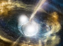 Artist’s conception of a binary neutron star merger, which creates a whirling cloud of radioactive debris and a short gamma-ray burst (jets). (Credit: National Science Foundation/LIGO/Sonoma State University/A. Simonnet)