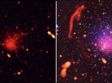 Left: Radio-only image of Abell 2744 region, showing radio-emitting features caused by subatomic particles accelerated to high speeds by the collisions of giant clusters of galaxies. Credit: Pearce et al., NRAO/AUI/NSF; Right: Radio-only image of Abell 2744 region, showing radio-emitting features caused by subatomic particles accelerated to high speeds by the collisions of giant clusters of galaxies. Credit: Pearce et al., NRAO/AUI/NSF