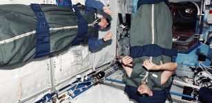 Astronauts Thomas D. Jones and Mark L. Polansky during their sleep shift in the Destiny laboratory on the International Space Station in 2001. Photo courtesy of NASA