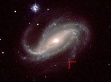 Supernova 2016gkg (indicated by red bars) in the galaxy NGC 613, located about 40 million light years from Earth in the constellation Sculptor. (Image by C. Kilpatrick, UC Santa Cruz, and Carnegie Institution for Science, Las Campanas Observatory, Chile)