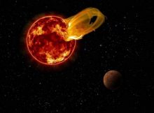 An artist’s impression of a flare from Proxima Centauri, modeled after the loops of glowing hot gas seen in the largest solar flares. An artist’s impression of the exoplanet Proxima b is shown in the foreground. Proxima b orbits its star 20 times closer than the Earth orbits the Sun. A flare 10 times larger than a major solar flare would blast Proxima b with 4,000 times more radiation than the Earth gets from our Sun’s flares. Credit: Roberto Molar Candanosa / Carnegie Institution for Science, NASA/SDO, NASA/JPL.