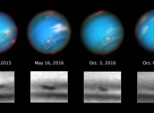 This series of Hubble Space Telescope images taken over 2 years tracks the demise of a giant dark vortex on the planet Neptune. The oval-shaped spot has shrunk from 3,100 miles across its long axis to 2,300 miles across, over the Hubble observation period. Credit: NASA, ESA, and M.H. Wong and A.I. Hsu (UC Berkeley)