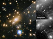 This is an Icarus capture by the Hubble Space Telescope. The left image shows galaxy cluster MACS J1149+2223 and the position of Icarus. The top right image shows how Icarus was not visible in 2011, and became visible in 2016. Image credit: NASA/ESA/P. Kelly